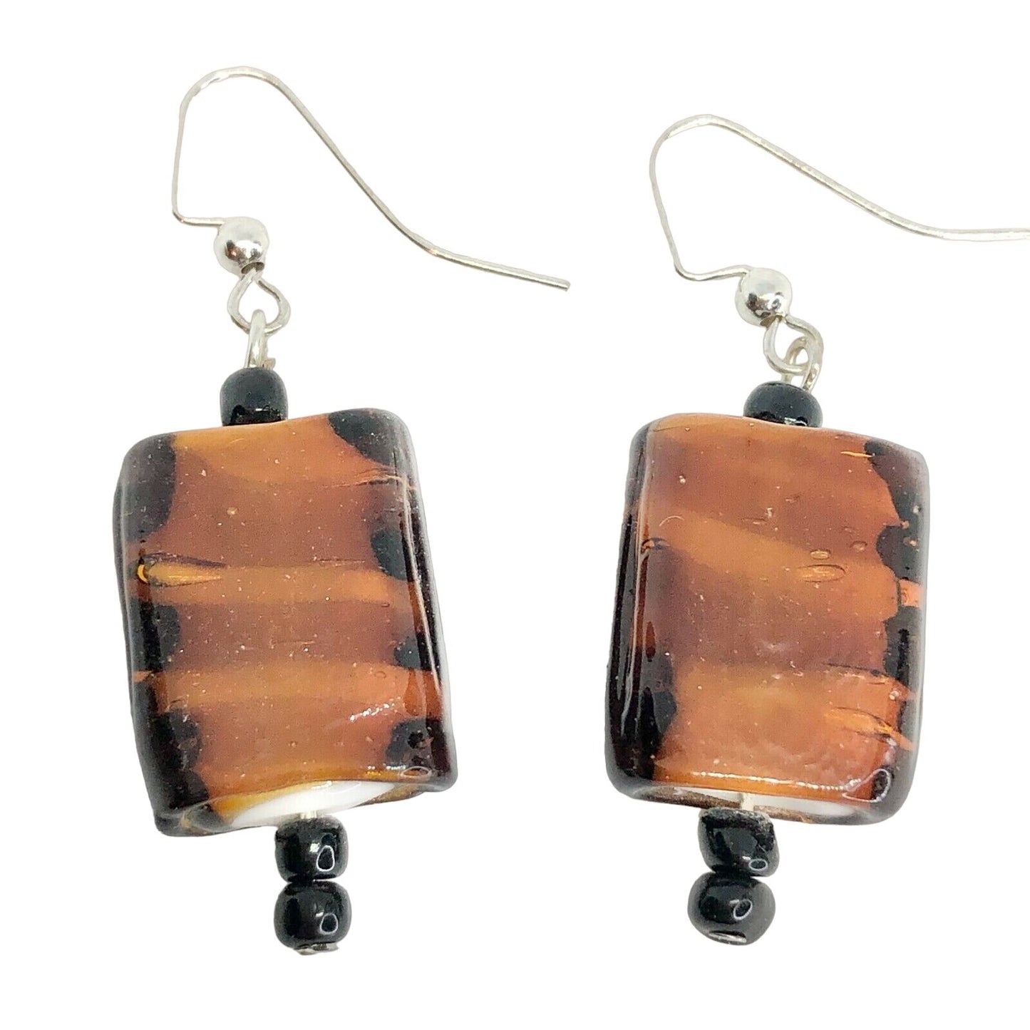 Handcrafted Beaded Earrings Brown & Black Glass Beads Silver Hooks Jewelry NEW