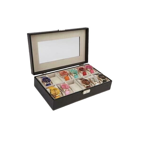 Mind Reader Double Row Watch Box Organizer Display Black Outer Cream Inner