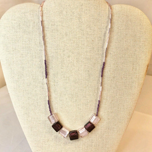 Handcrafted Beaded Necklace Purple Hues Square Beads Beautiful Jewelry NEW