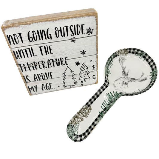 Winter Themed Ceramic Spoon Rest and Rustic Wood Sign Set Reindeer