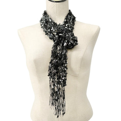 Loosely Knit Scarf Black Gray With Fringe Ends Textured Lightweight 67" x 3.5"