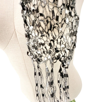 Loosely Knit Scarf Black Gray With Fringe Ends Textured Lightweight 67" x 3.5"