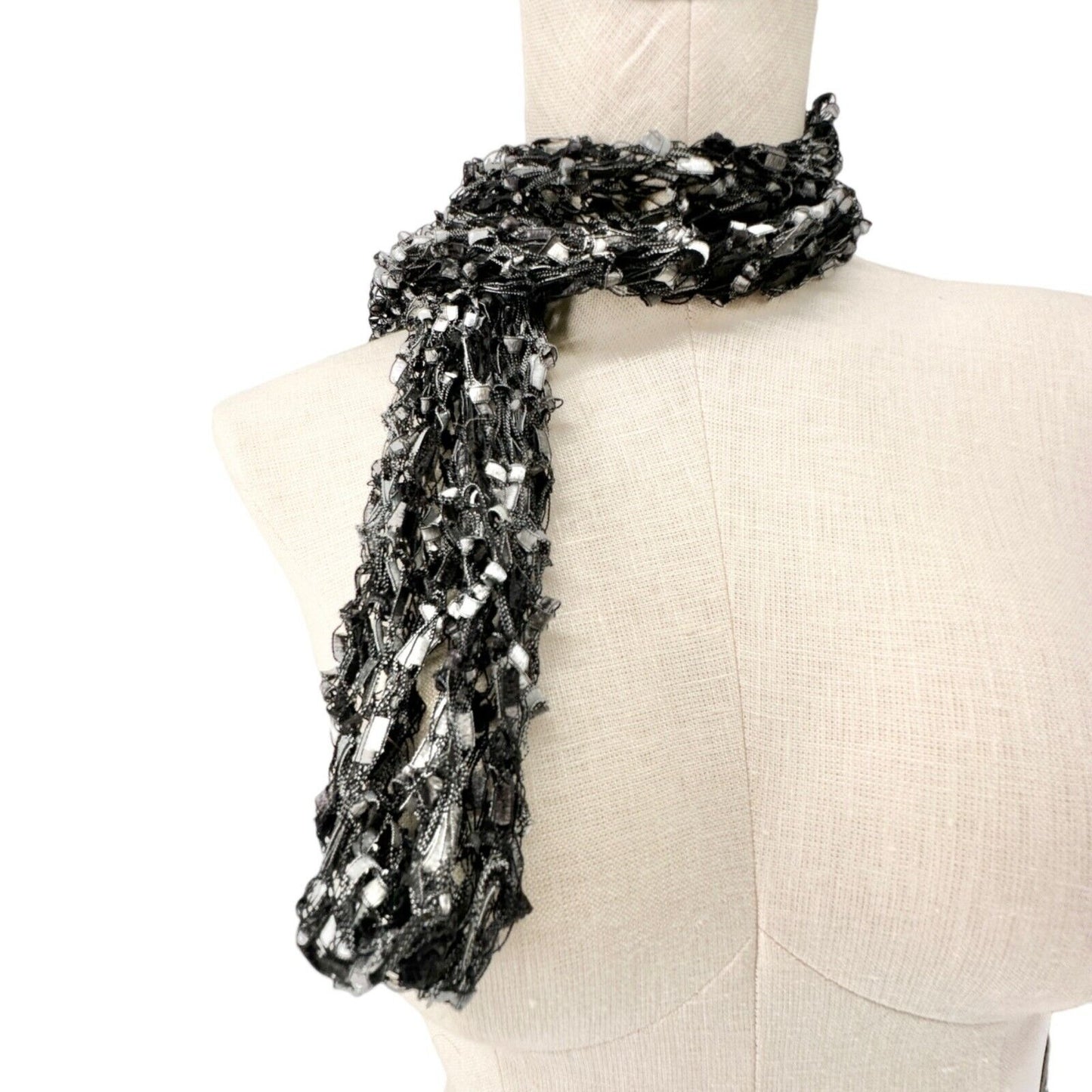 Loosely Knit Scarf Black Gray With Fringe Ends Textured Lightweight 67" x 3.5"
