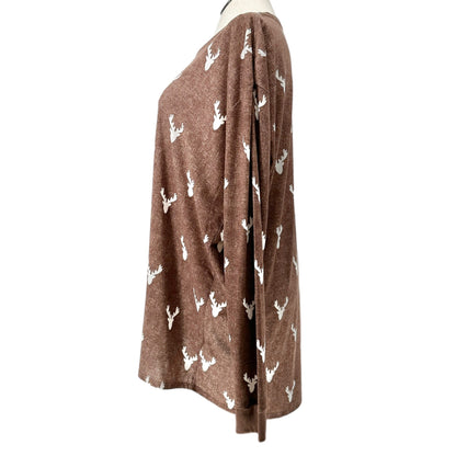 LuLaRoe Top Unisex Hudson 3XL Brown White Deer Heads LS Crew Neck Hi Low Hem EUC
