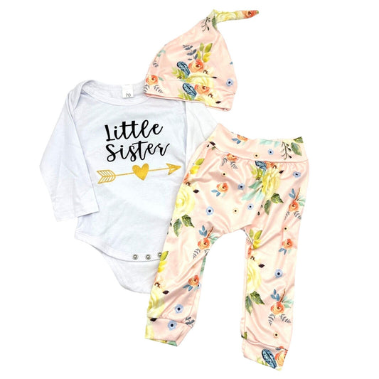 Little Sister 3pc Baby Outfit 6 months White Bodysuit Floral Pants Hat