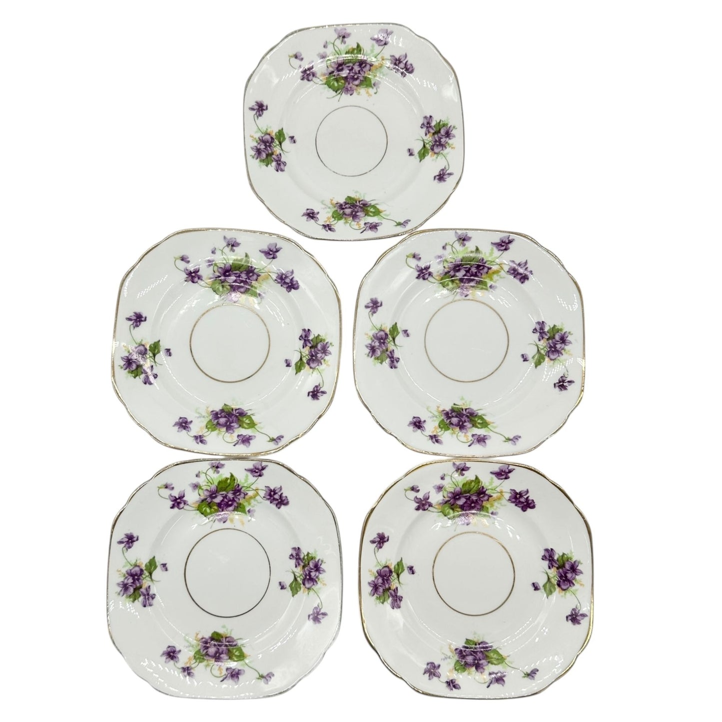 Duchess Bone China Tea Set 2 Teacups 5 Square and 4 Round Saucers 1 Bowl Purple