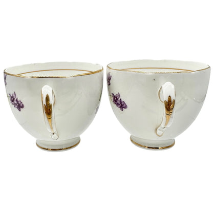 Duchess Bone China Tea Set 2 Teacups 5 Square and 4 Round Saucers 1 Bowl Purple