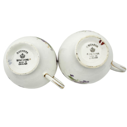 Duchess Bone China Tea Set 2 Teacups 5 Square and 4 Round Saucers 1 Bowl Purple