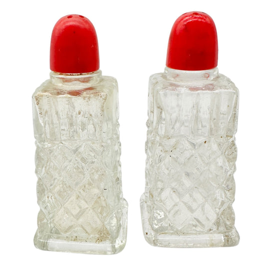 Vintage Glass Salt and Pepper Shakers Red Tops Diamond Pattern Retro Kitchen