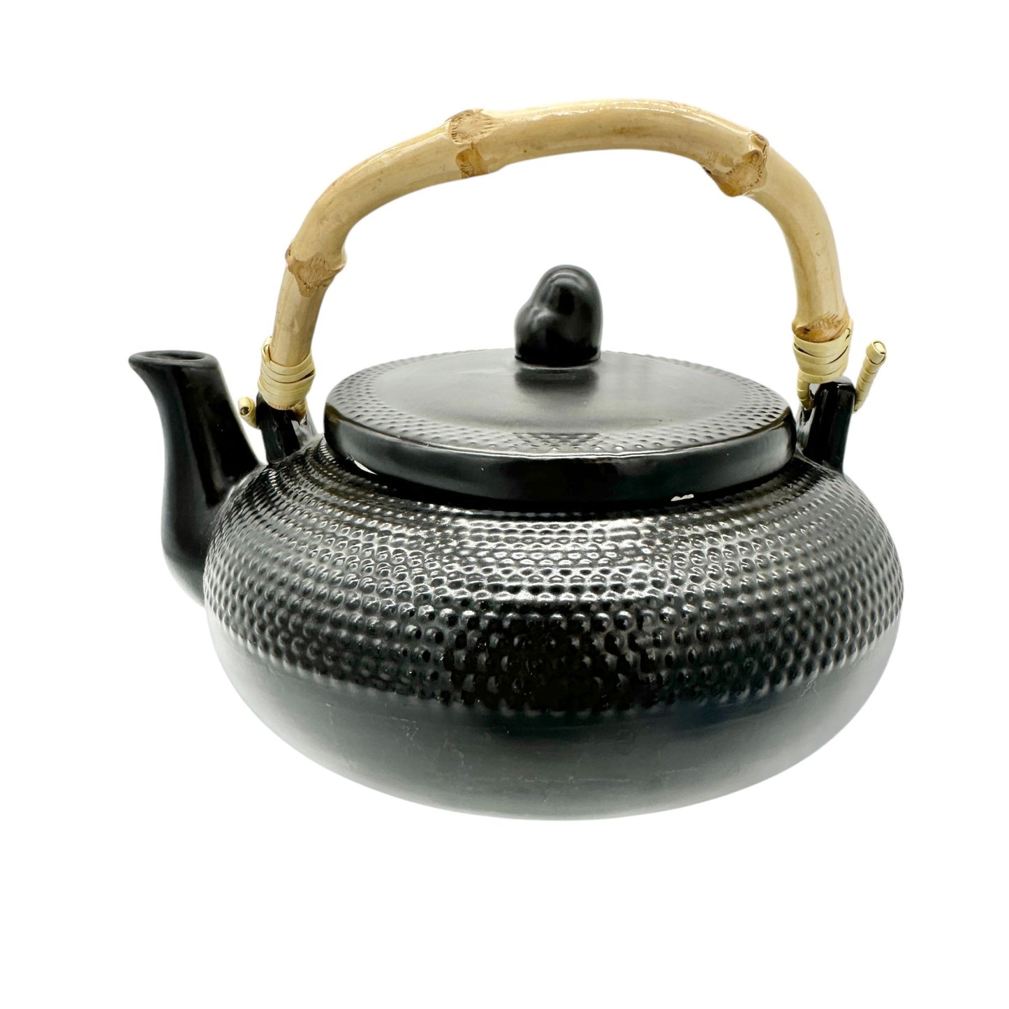 Textured Ceramic Teapot and Lid in Solid Black With Bamboo Handle By DesignPac