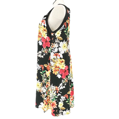 New Directions Dress Womens 1X Black Orange Yellow Flowers Sleeveless Midi EUC