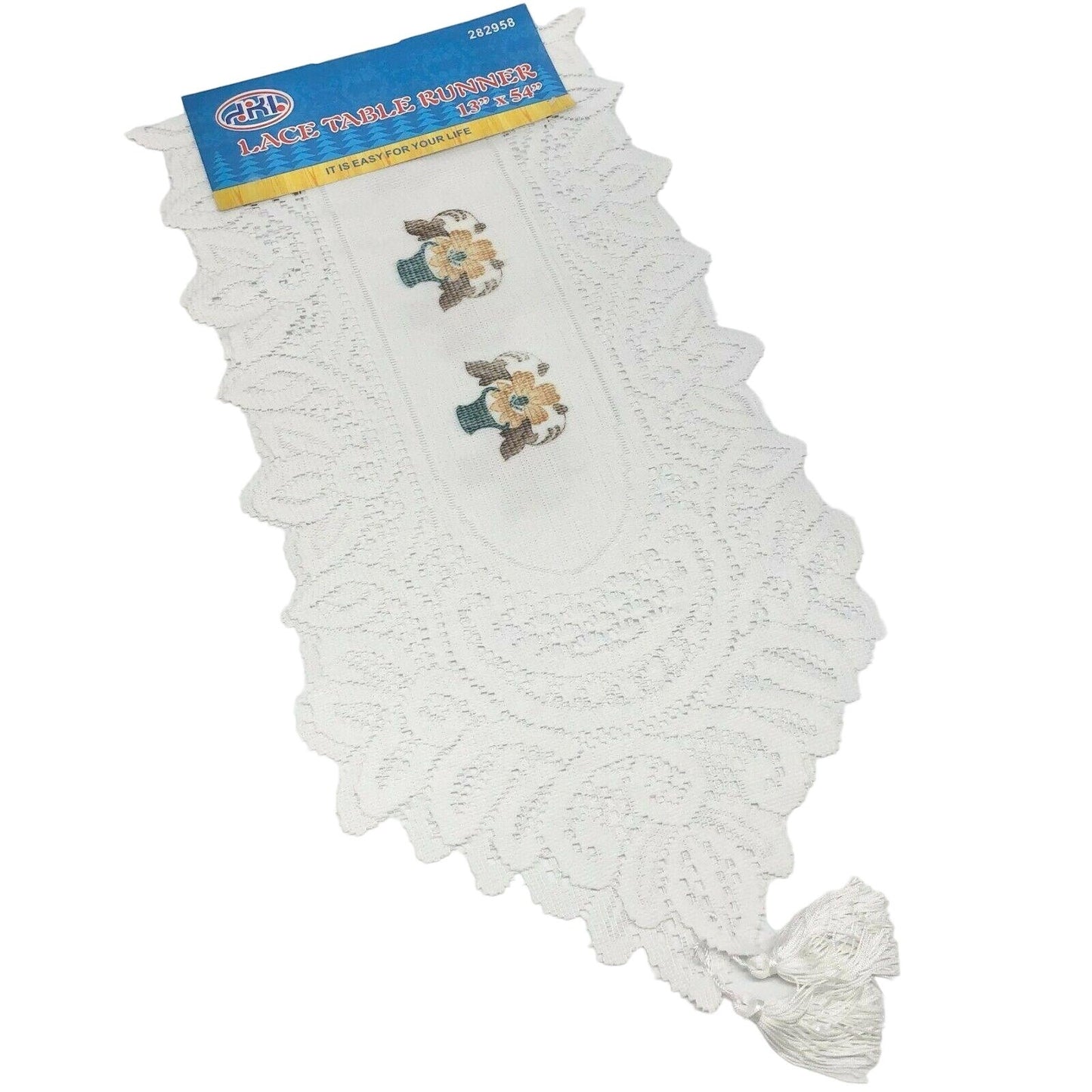 Lace Table Runner 13 x 54 White Floral Pattern Tassel NEW