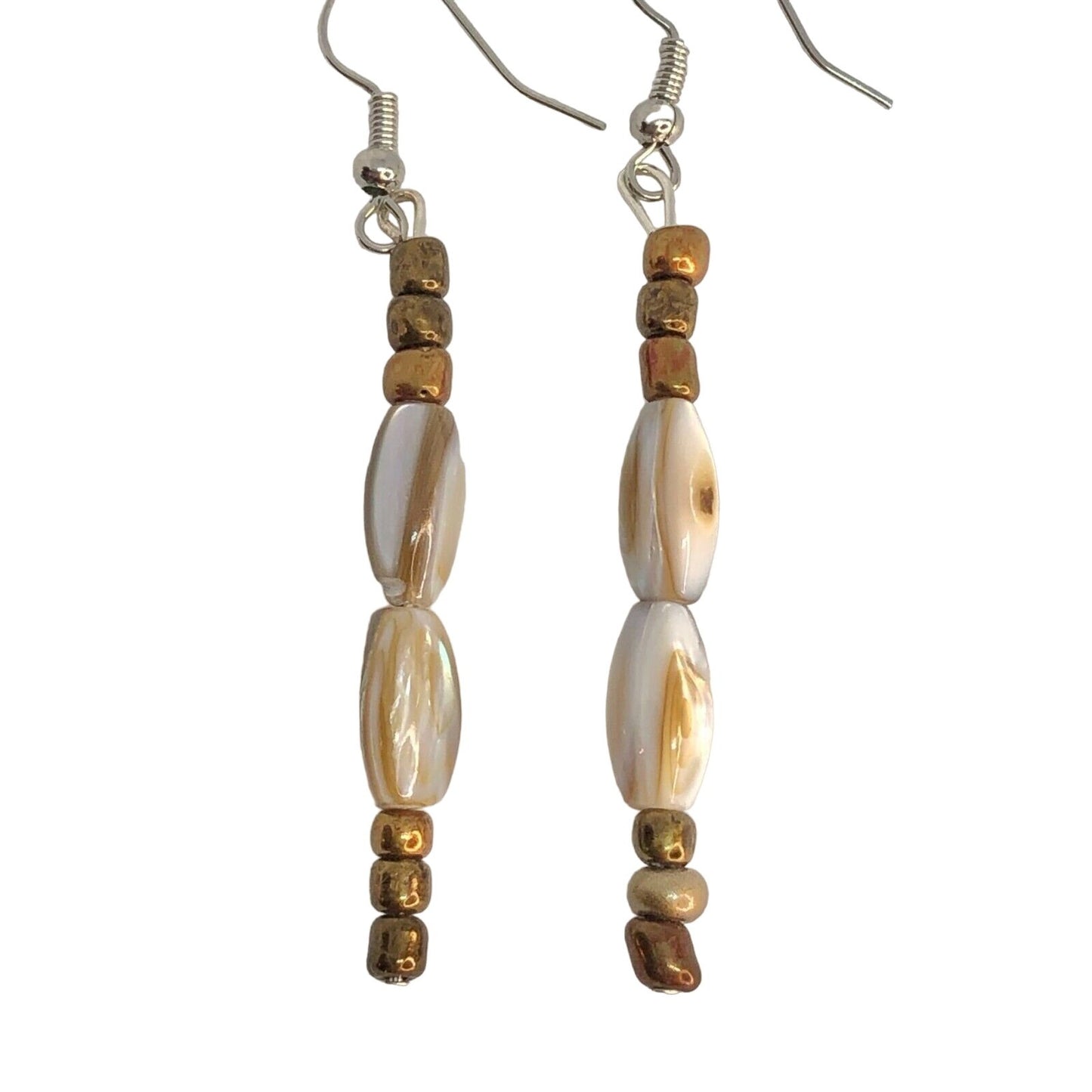 Handcrafted Bead Drop Earrings Bronze & White Swirled Beads Fun Eye Catching NEW