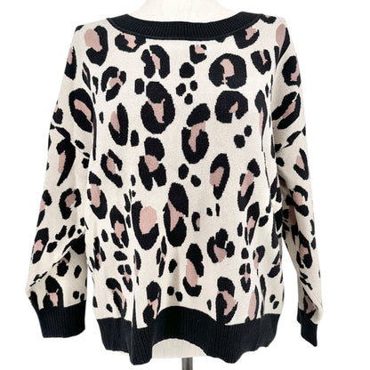 Evri Leopard Print Sweater Womens 2X Black Pink Beige Patterned Knit Crew Neck
