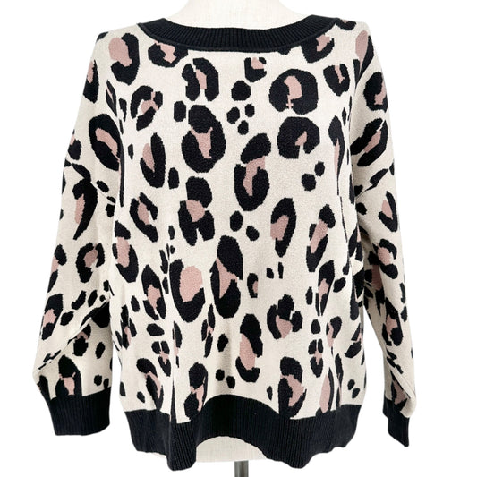 Evri Leopard Print Sweater Womens 2X Black Pink Beige Patterned Knit Crew Neck