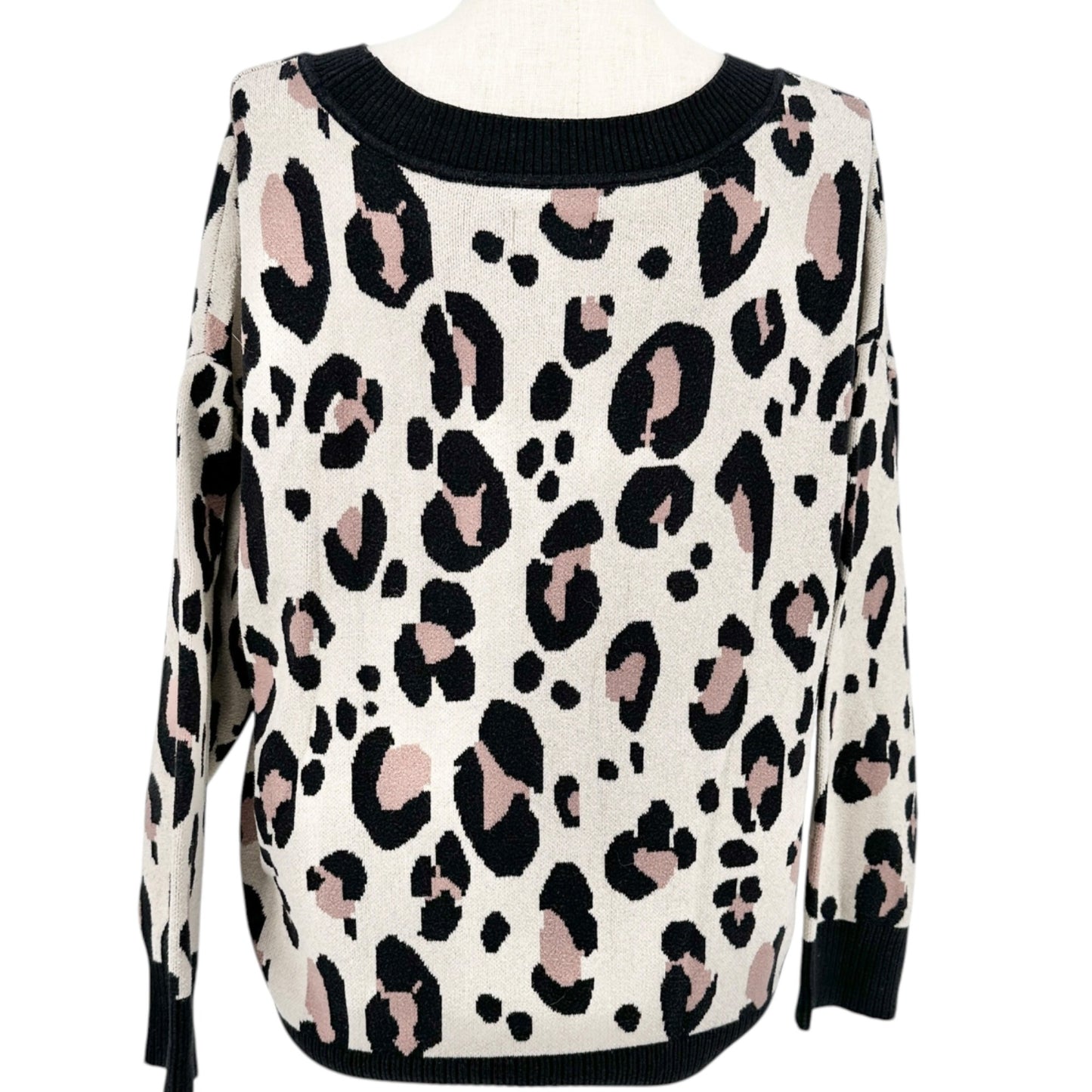 Evri Leopard Print Sweater Womens 2X Black Pink Beige Patterned Knit Crew Neck
