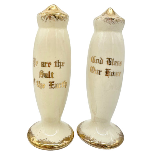 Vintage Ceramic Salt and Pepper Shakers White Gold Accents God Bless Salt Earth