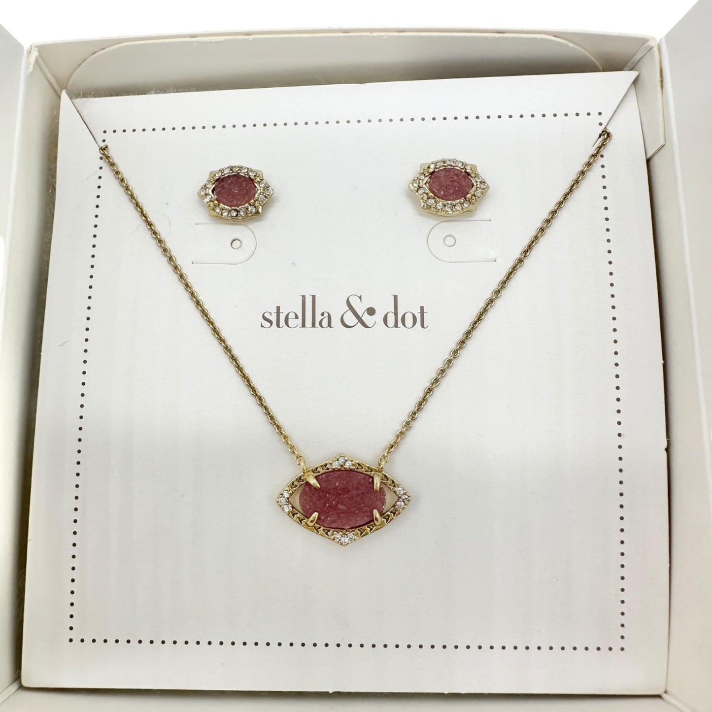 Stella & Dot Gold Necklace and Earrings Pink Druzy Stone Crystal Accents in Box