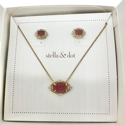 Stella & Dot Gold Necklace and Earrings Pink Druzy Stone Crystal Accents in Box