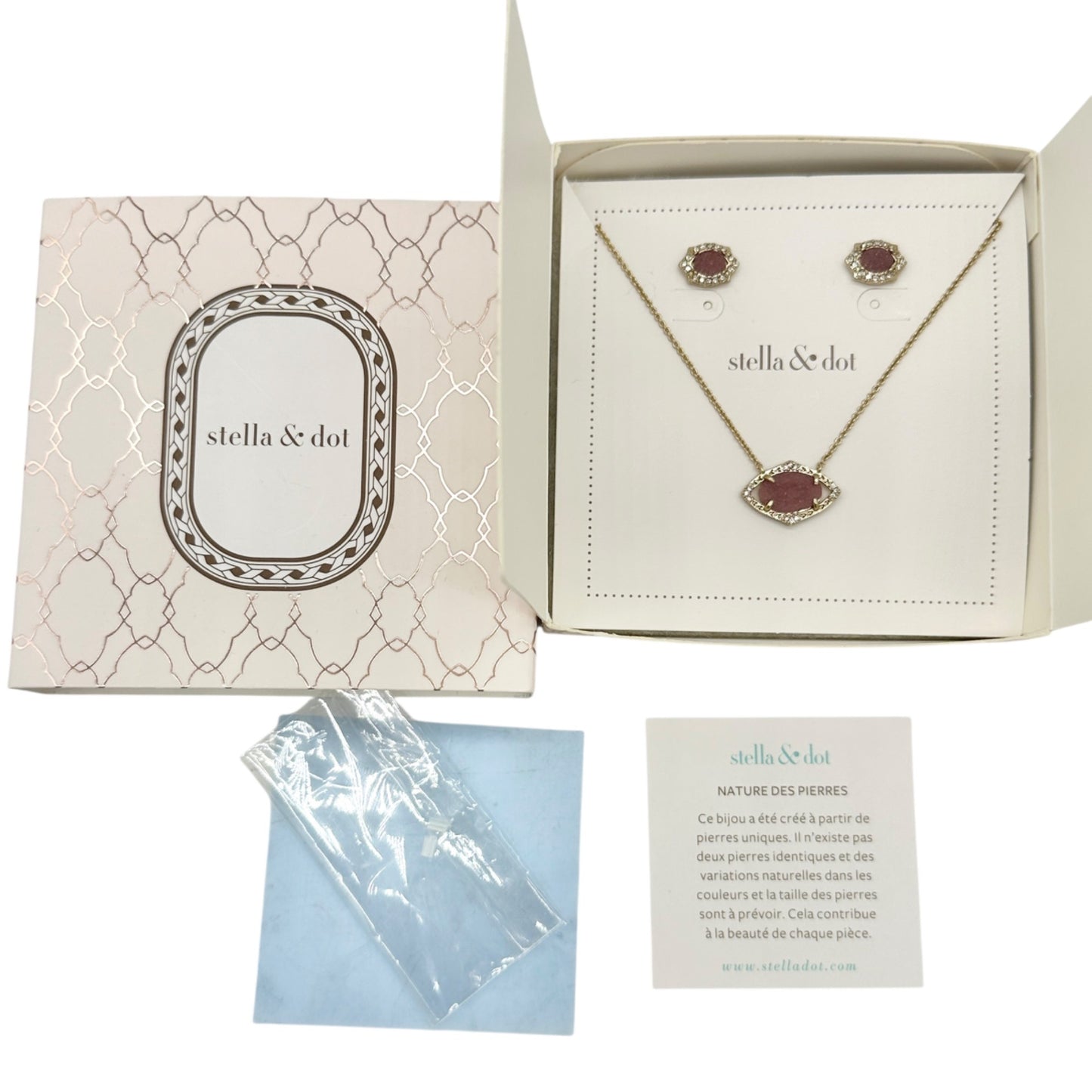 Stella & Dot Gold Necklace and Earrings Pink Druzy Stone Crystal Accents in Box