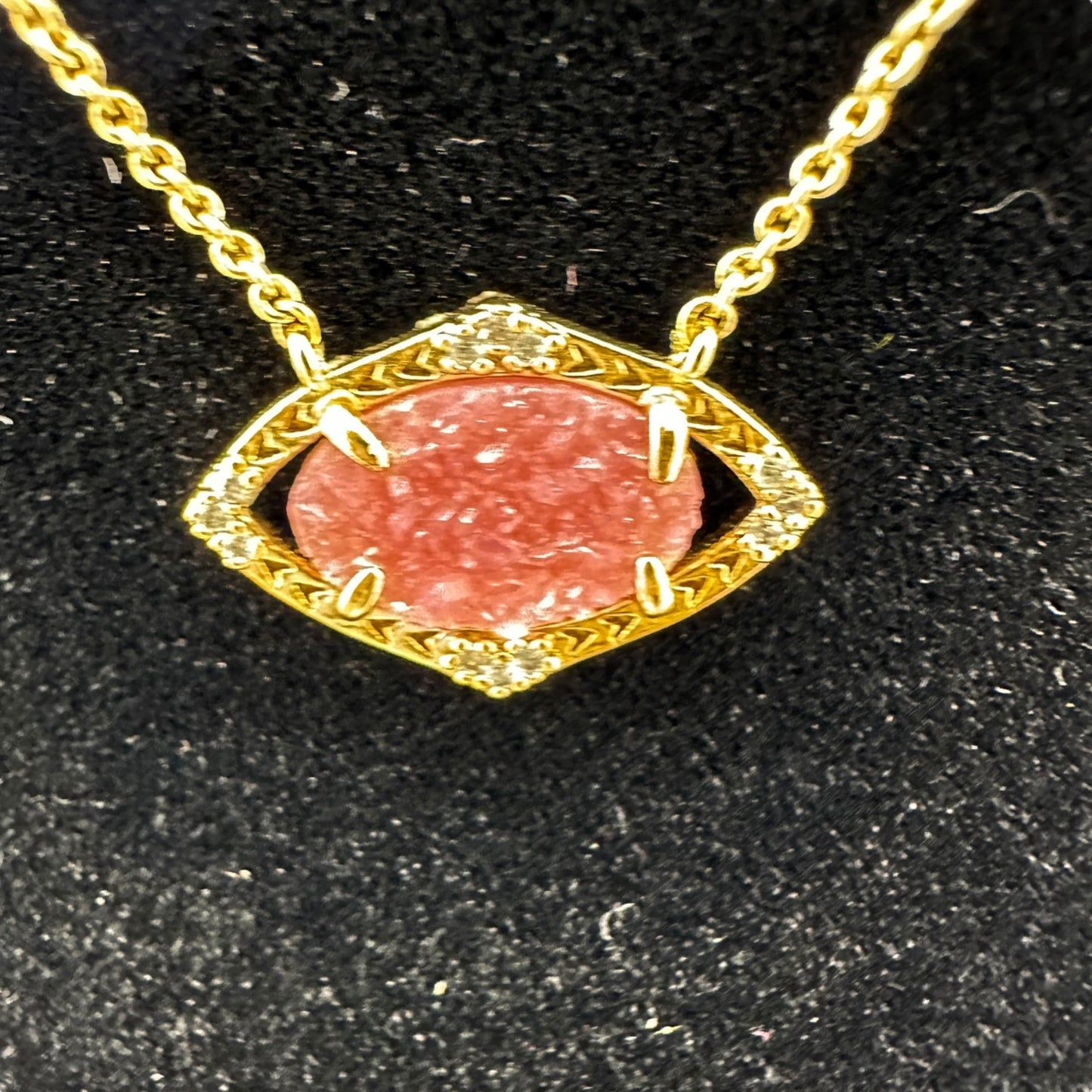 Stella & Dot Gold Necklace and Earrings Pink Druzy Stone Crystal Accents in Box