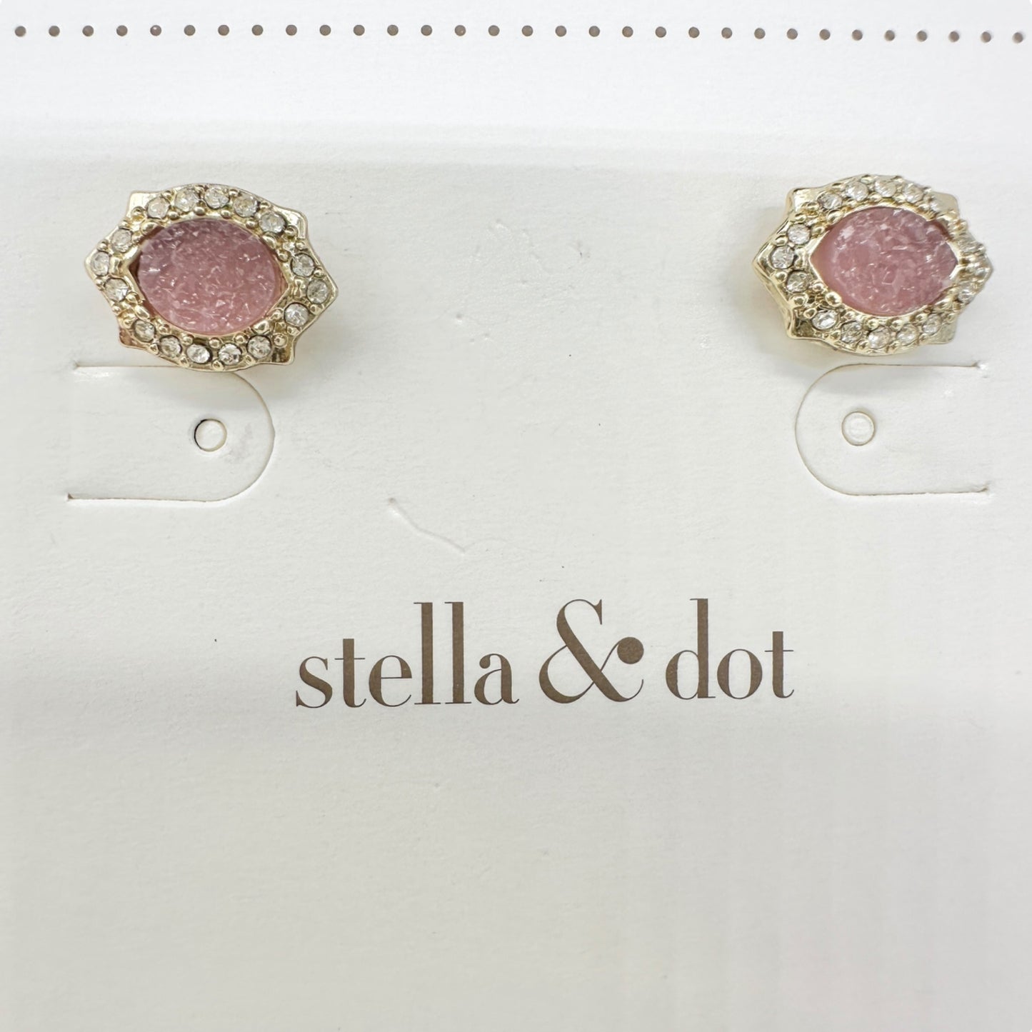 Stella & Dot Gold Necklace and Earrings Pink Druzy Stone Crystal Accents in Box