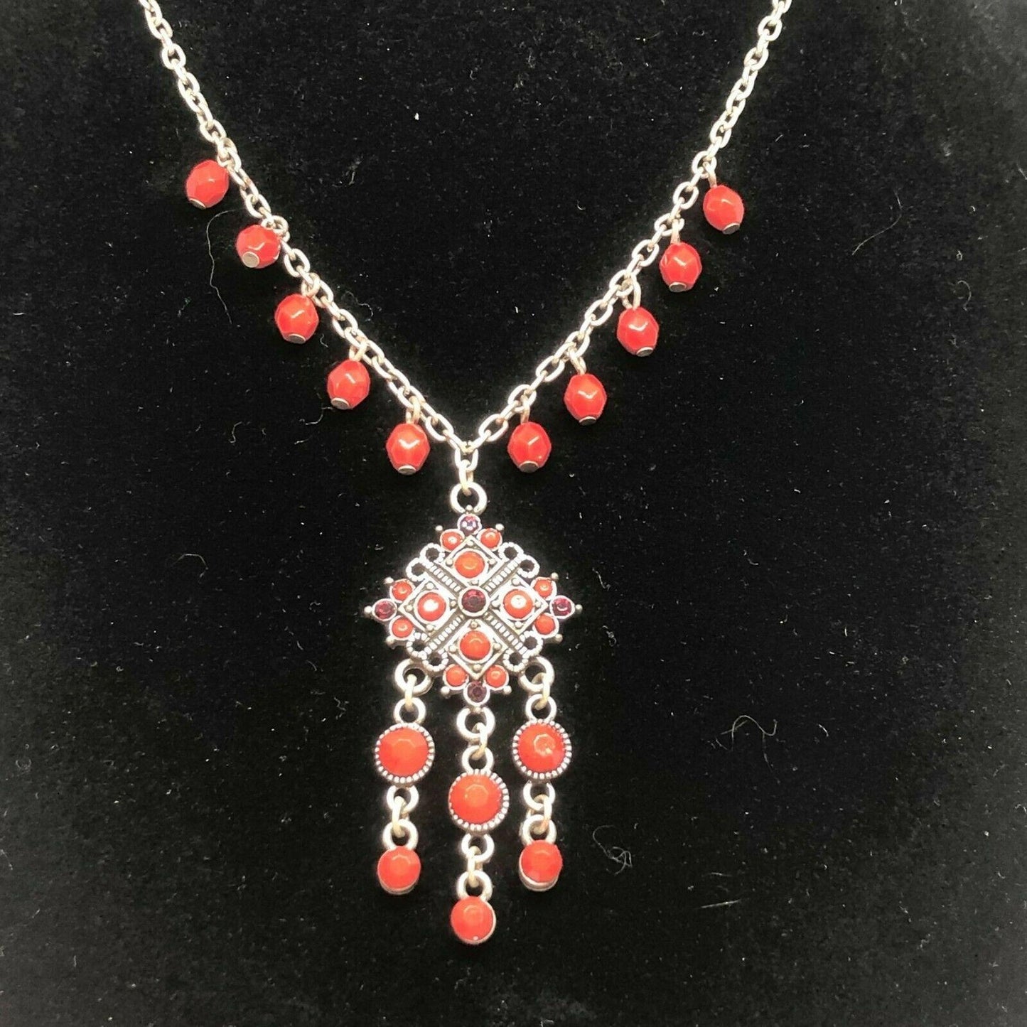 Silvertone & Two Shades of Red Beaded Necklace With Extender