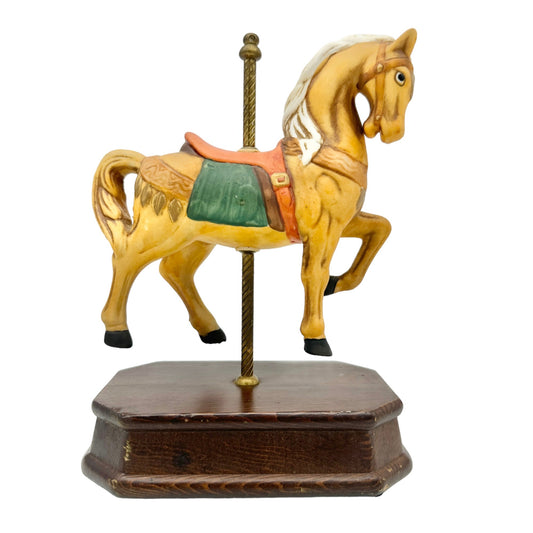 Vintage Music Box Carousel Horse 8.5 x 6 Wooden Stand