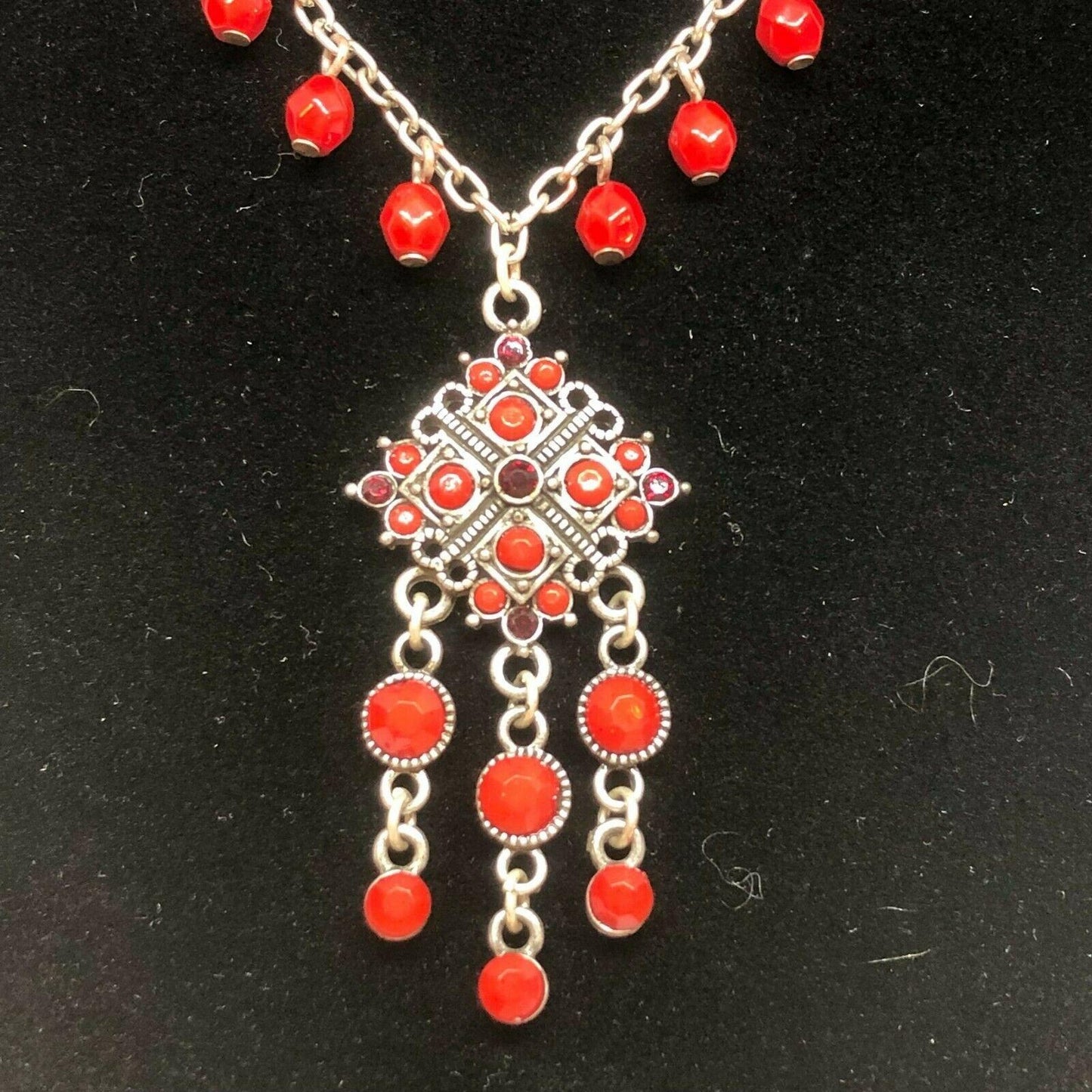 Silvertone & Two Shades of Red Beaded Necklace With Extender