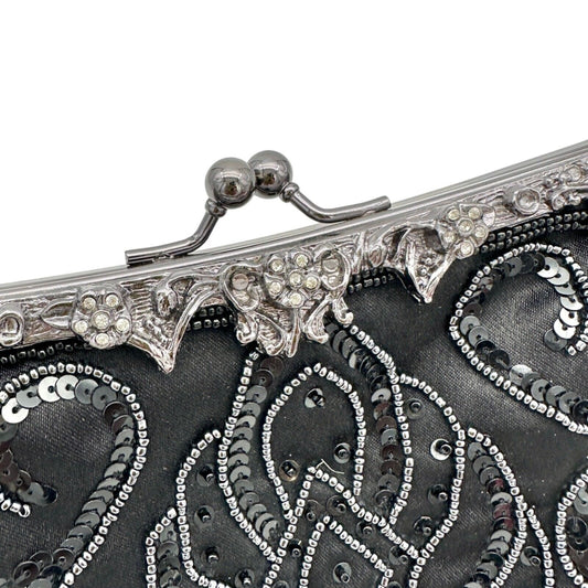 Elegant Evening Clutch Black Sequined and Beaded Silvertone Hardware EUC