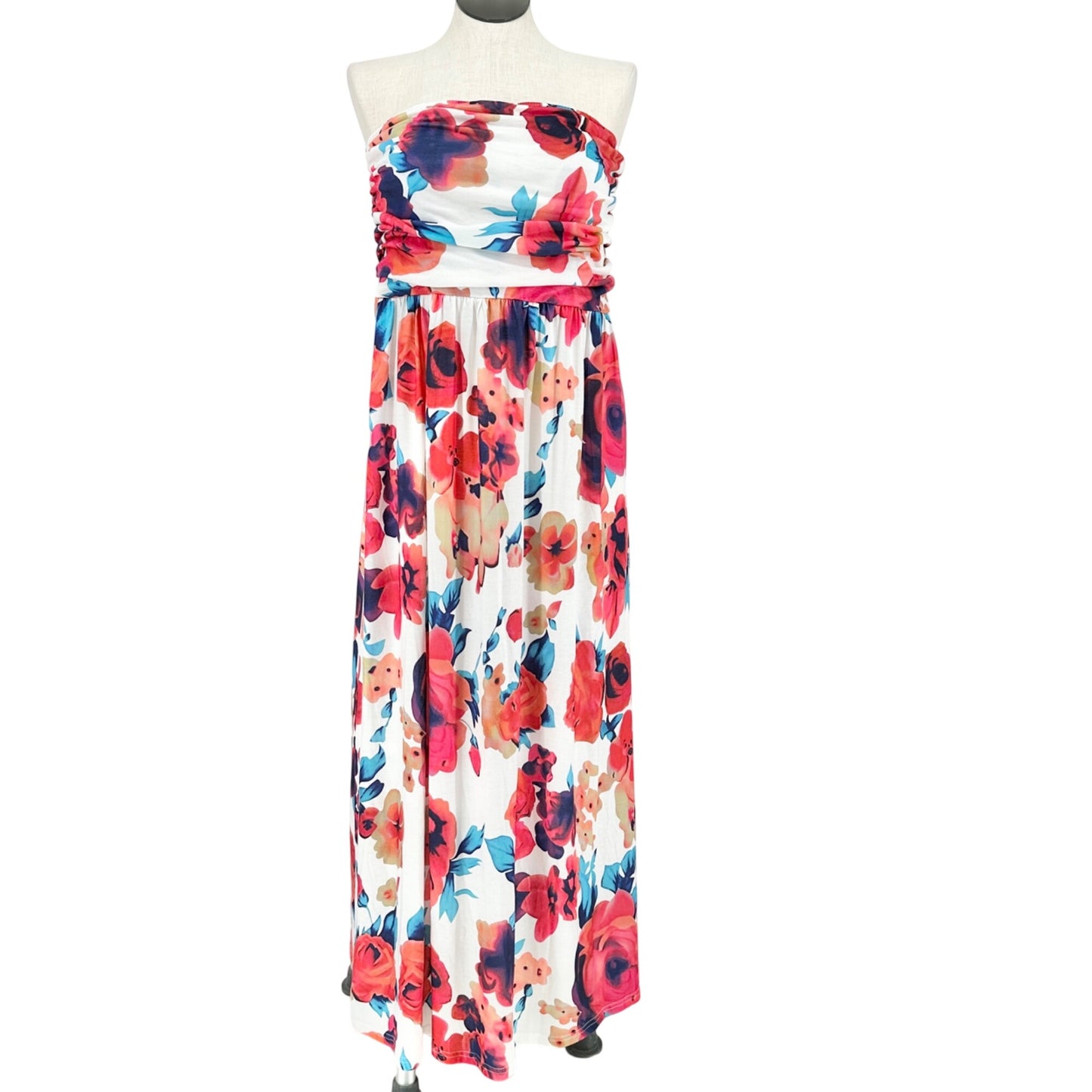 Grace Karin Strapless Maxi Dress 2XL White Red Blue Floral Poly Blend Pockets