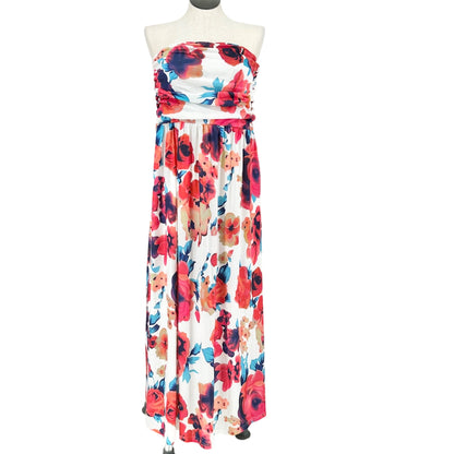 Grace Karin Strapless Maxi Dress 2XL White Red Blue Floral Poly Blend Pockets