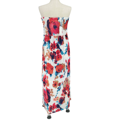 Grace Karin Strapless Maxi Dress 2XL White Red Blue Floral Poly Blend Pockets