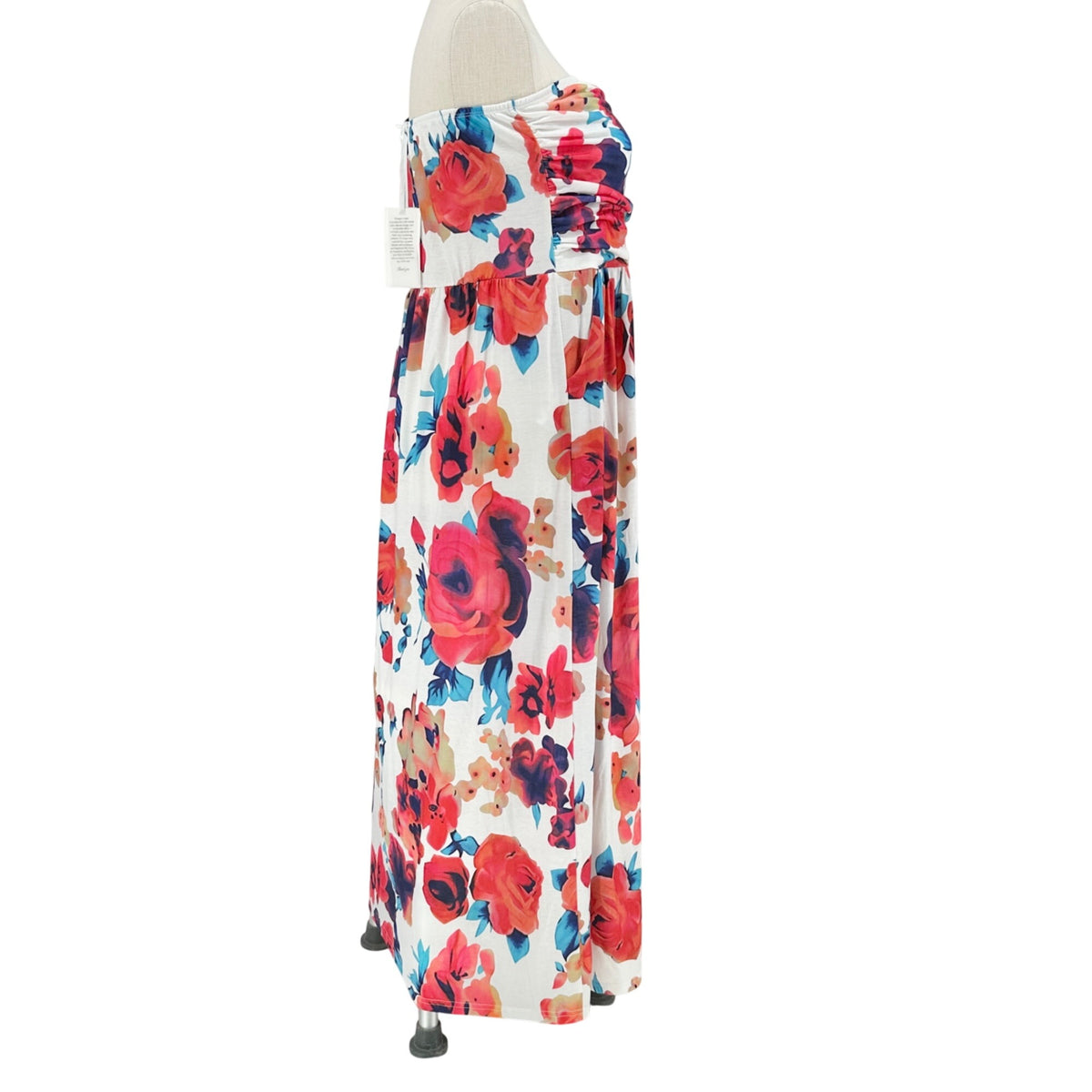 Grace Karin Strapless Maxi Dress 2XL White Red Blue Floral Poly Blend Pockets
