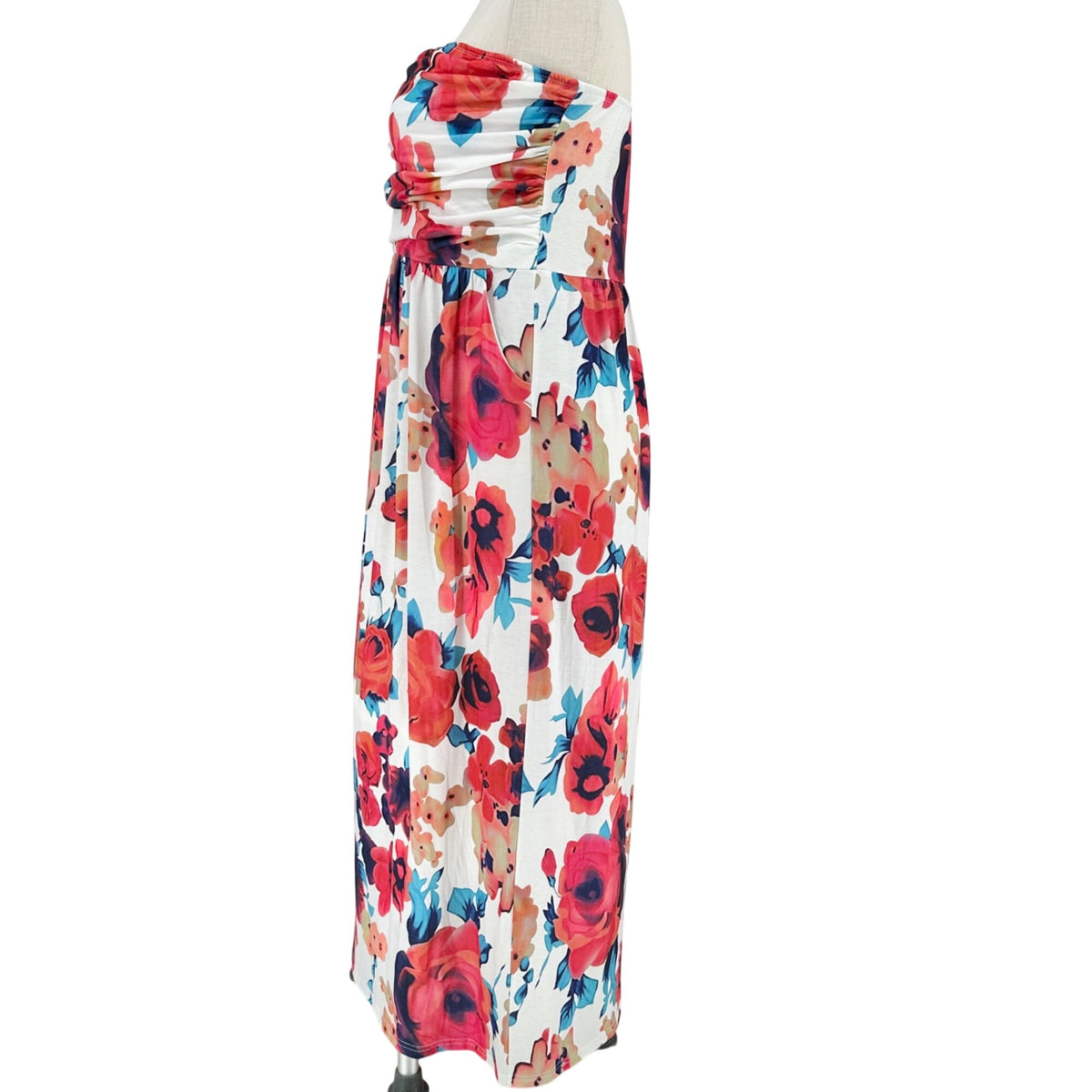 Grace Karin Strapless Maxi Dress 2XL White Red Blue Floral Poly Blend Pockets