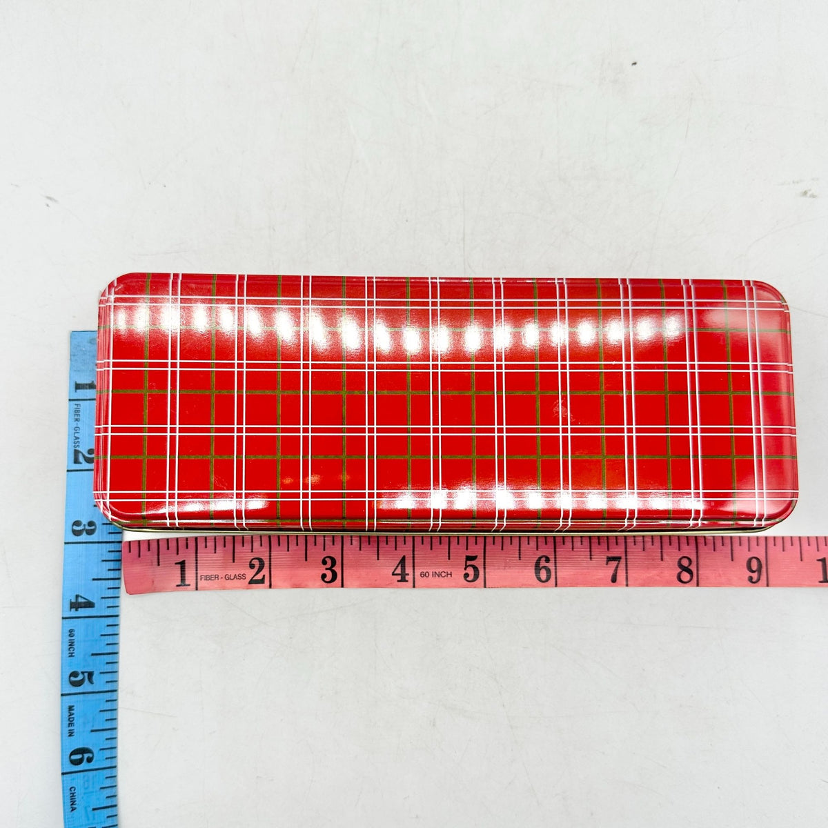 Holiday Gift Tin Red Plaid Green White Goodies Gift Giving 9 x 3