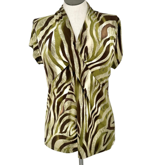 Dressbarn Blouse Womens XL Zebra Print Short Sleeve Made In USA Green Brown Gold