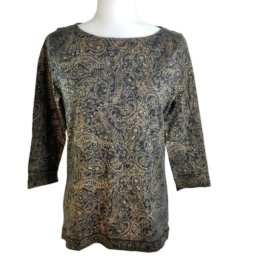 Lauren Ralph Lauren Jeans Co. Womens Medium Black with Gold Paisley Design Top EUC