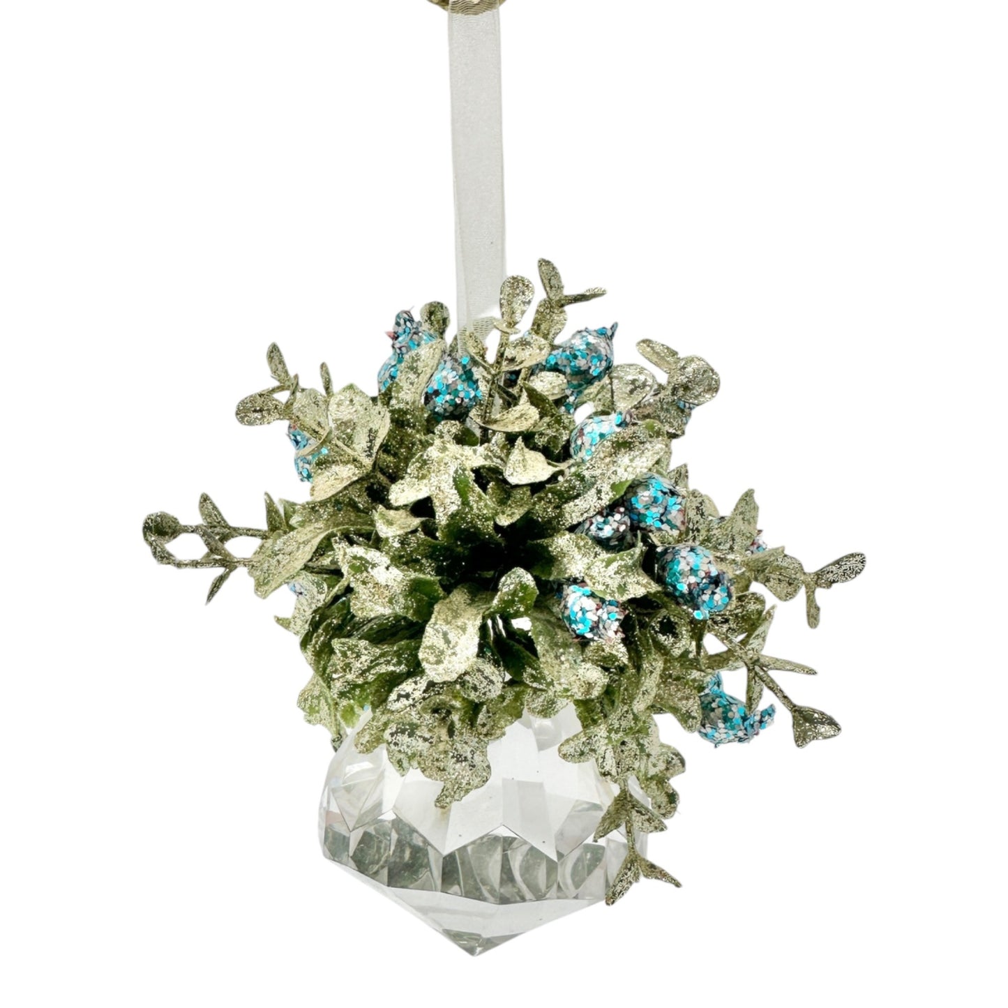 Crystal Prism Diamond Shaped Ornament With Glitter Leaves Blue Accents 6 inches