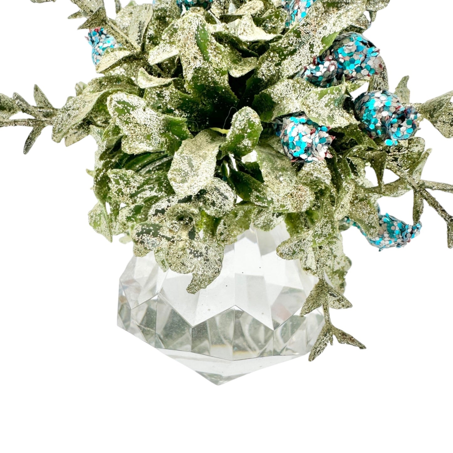 Crystal Prism Diamond Shaped Ornament With Glitter Leaves Blue Accents 6 inches