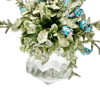 Crystal Prism Diamond Shaped Ornament With Glitter Leaves Blue Accents 6 inches