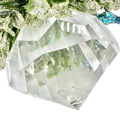 Crystal Prism Diamond Shaped Ornament With Glitter Leaves Blue Accents 6 inches