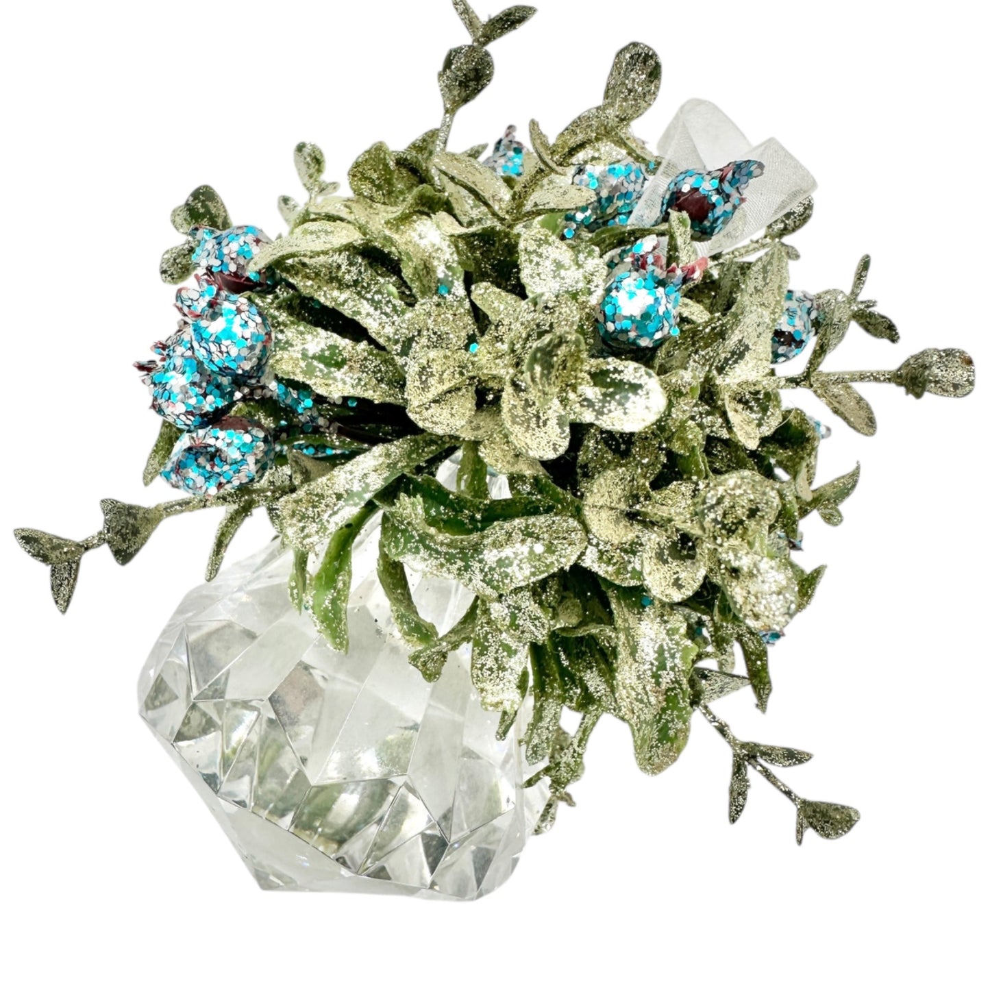 Crystal Prism Diamond Shaped Ornament With Glitter Leaves Blue Accents 6 inches