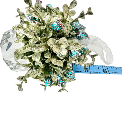 Crystal Prism Diamond Shaped Ornament With Glitter Leaves Blue Accents 6 inches