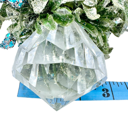 Crystal Prism Diamond Shaped Ornament With Glitter Leaves Blue Accents 6 inches