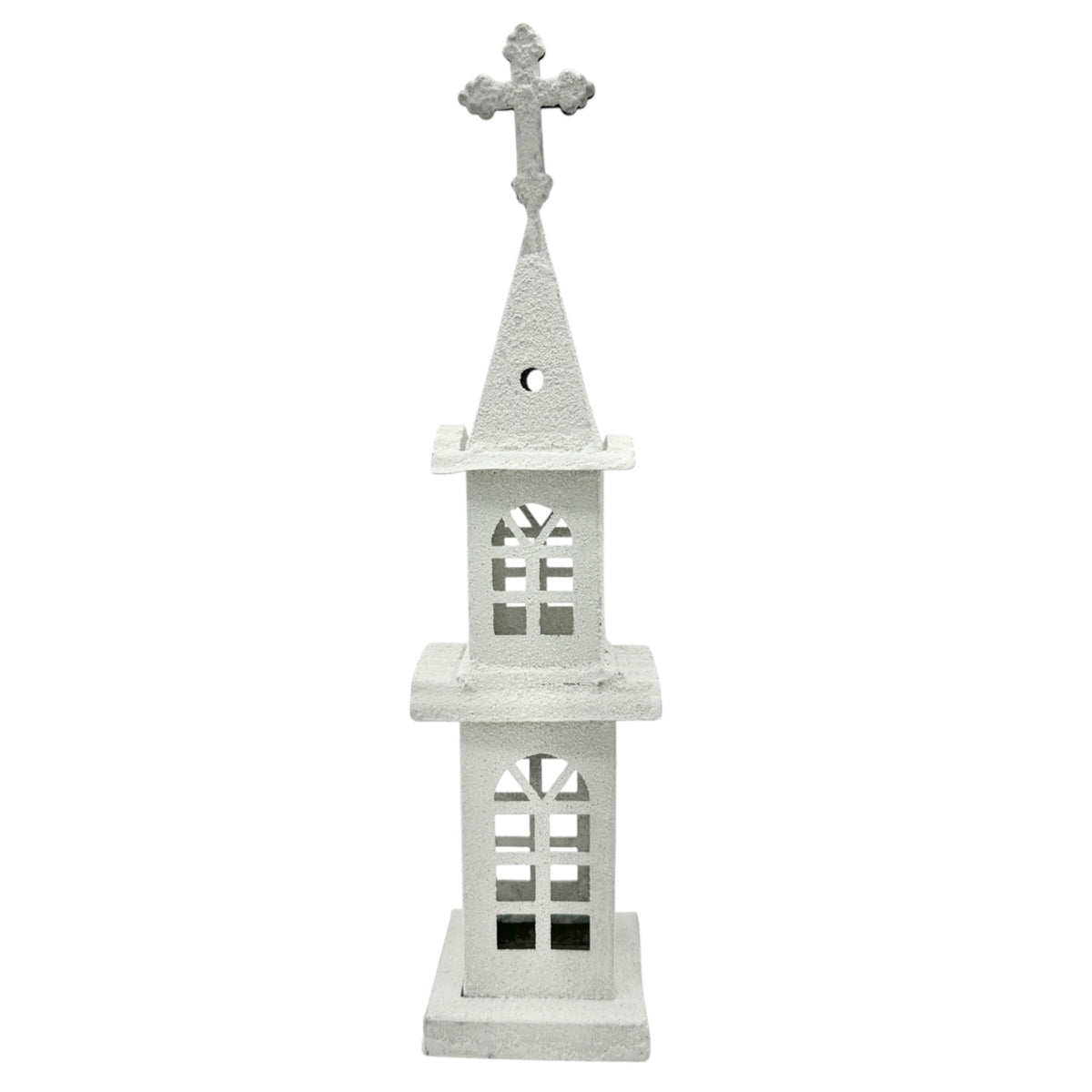 White Metal Church Steeple with Cross Window Cutouts Home Decor Or Candle Holder