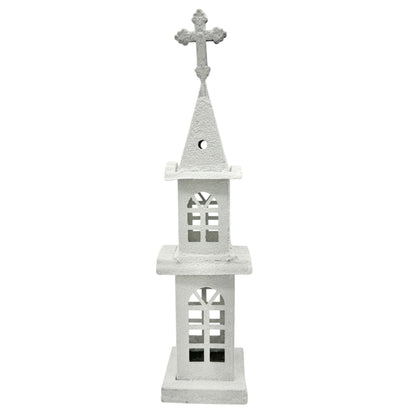 White Metal Church Steeple with Cross Window Cutouts Home Decor Or Candle Holder