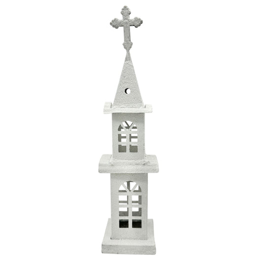White Metal Church Steeple with Cross Window Cutouts Home Decor Or Candle Holder