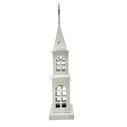 White Metal Church Steeple with Cross Window Cutouts Home Decor Or Candle Holder