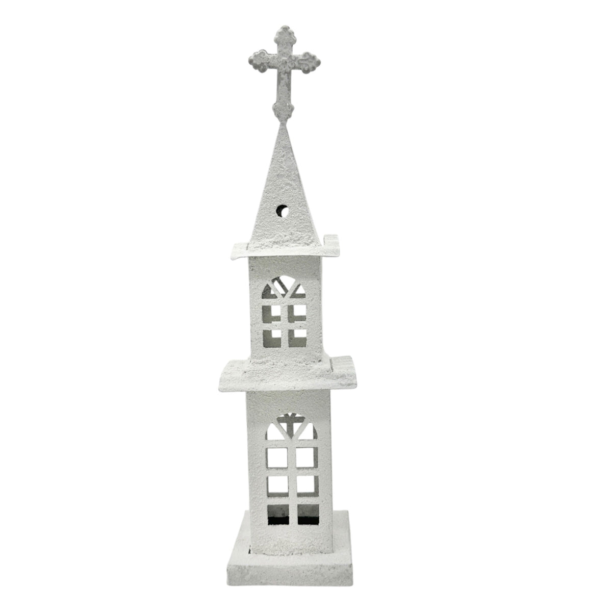 White Metal Church Steeple with Cross Window Cutouts Home Decor Or Candle Holder